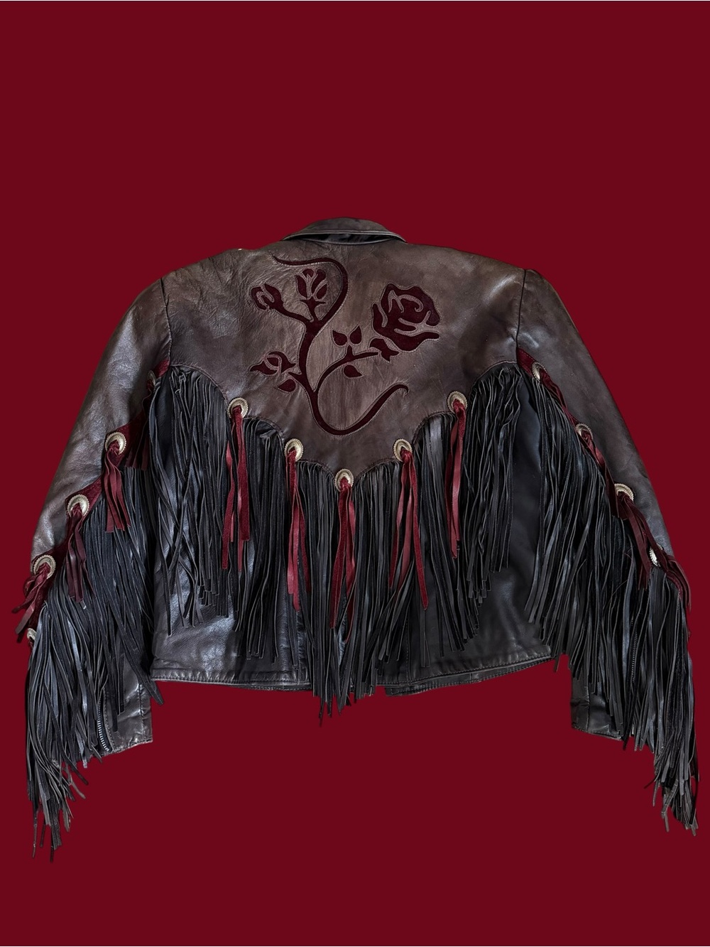 Vintage Dallas Premium Leather Fringe Western Moto Jacket Concha Detail XL Boho